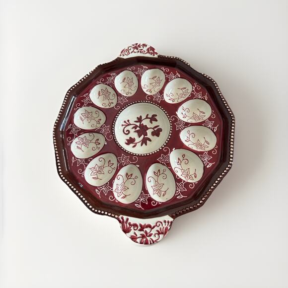 Temp-tations Deviled Egg Tray Red Platter Floral 13.5” Maroon 12 Eggs Dish Tara - Picture 2 of 5